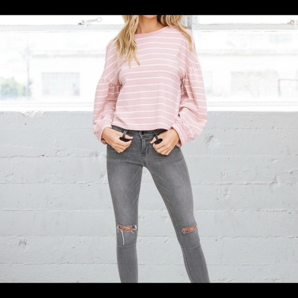 Pink Puff Sleeve Crewneck Crop Sweatshirt - Picture 2 of 6